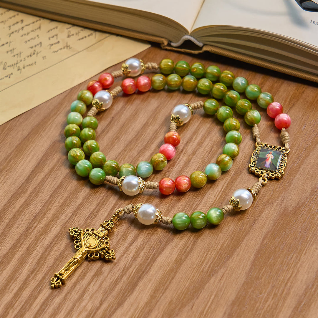 Christianartworkshop Handcrafted Christmas Blessings Divine Mercy Rosary with Red Green Beads and Bronze Crucifix - Christmas Mercy Rosary - image 0