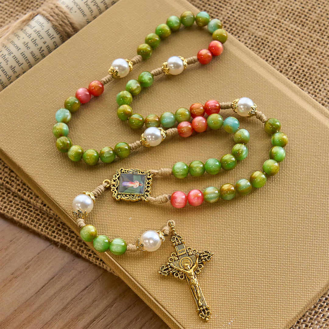 Christianartworkshop Handcrafted Christmas Blessings Divine Mercy Rosary with Red Green Beads and Bronze Crucifix - image 2