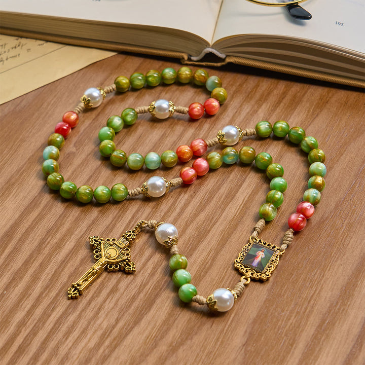 Christianartworkshop Handcrafted Christmas Blessings Divine Mercy Rosary with Red Green Beads and Bronze Crucifix - image 2