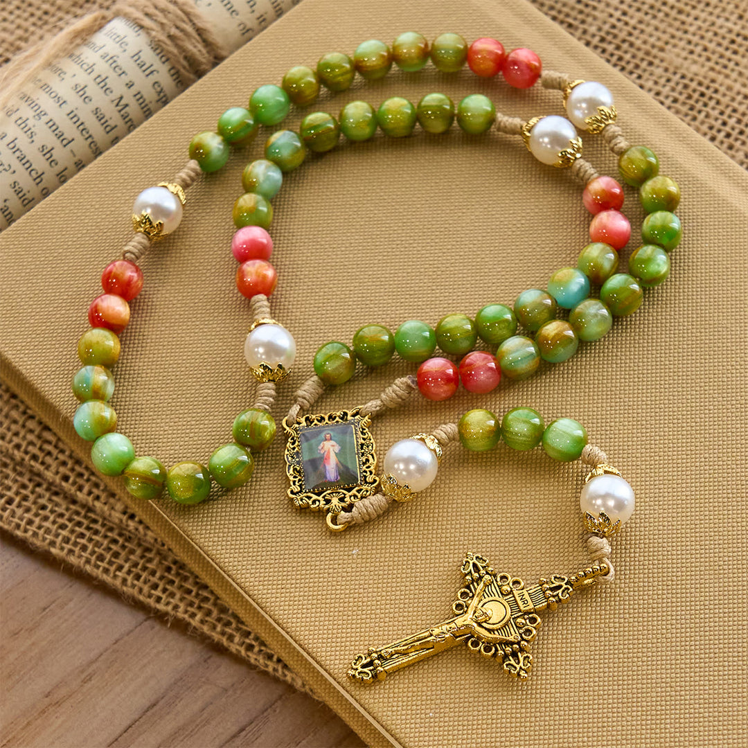 Christianartworkshop Handcrafted Christmas Blessings Divine Mercy Rosary with Red Green Beads and Bronze Crucifix - image 3