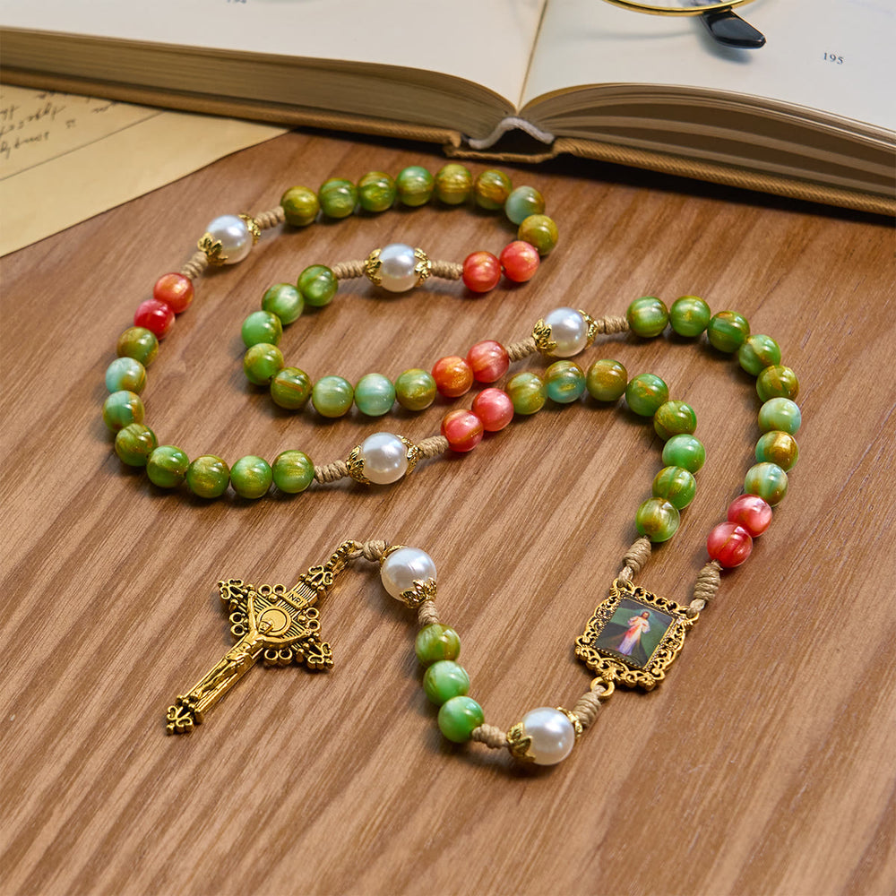 Christianartworkshop Handcrafted Christmas Blessings Divine Mercy Rosary with Red Green Beads and Bronze Crucifix - image 1