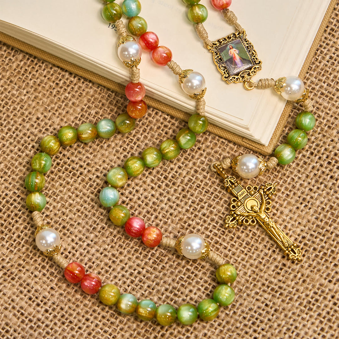 Christianartworkshop Handcrafted Christmas Blessings Divine Mercy Rosary with Red Green Beads and Bronze Crucifix - image 4