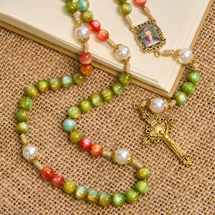 Christianartworkshop Handcrafted Christmas Blessings Divine Mercy Rosary with Red Green Beads and Bronze Crucifix - image 4