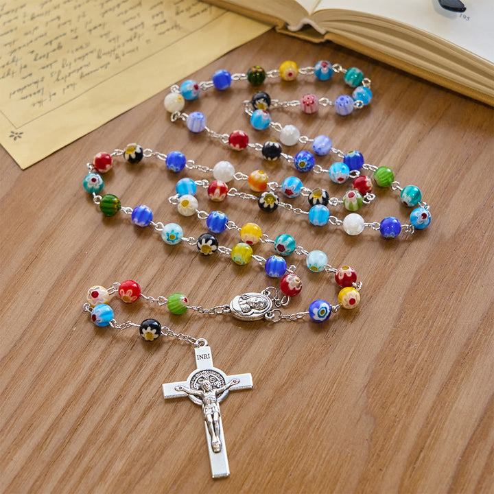 Christianartworkshop Multicolored Vibrant Flower Pattern Murano Beads Rosary with Madonna and Child - image 3