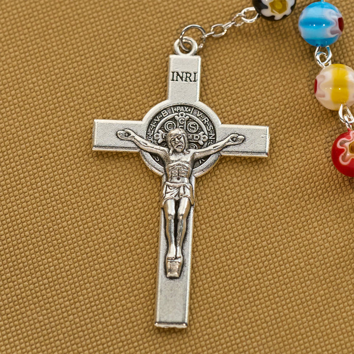 Christianartworkshop Multicolored Vibrant Flower Pattern Murano Beads Rosary with Madonna and Child - image 6