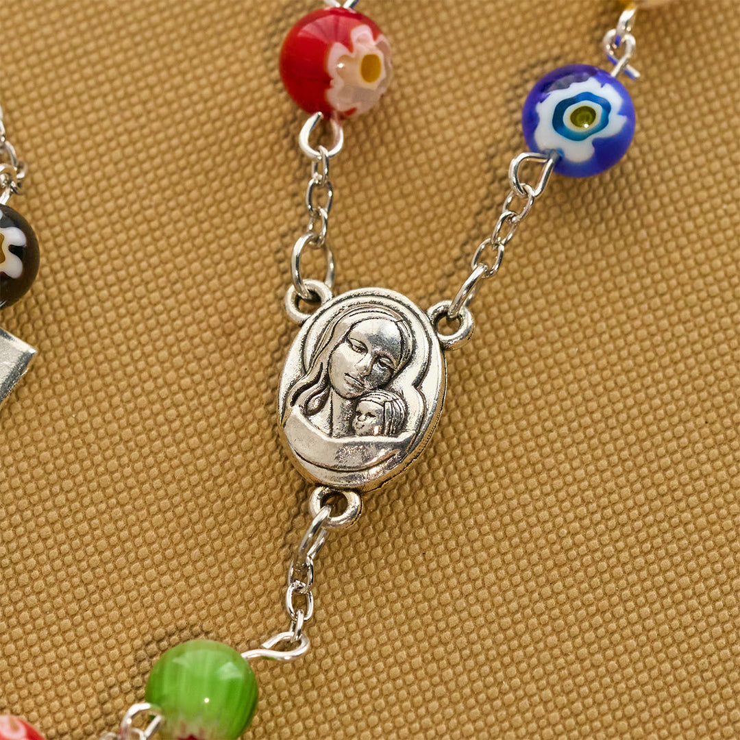 Christianartworkshop Multicolored Vibrant Flower Pattern Murano Beads Rosary with Madonna and Child - image 7