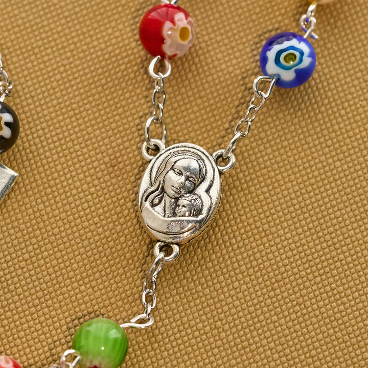 Christianartworkshop Multicolored Vibrant Flower Pattern Murano Beads Rosary with Madonna and Child - image 7