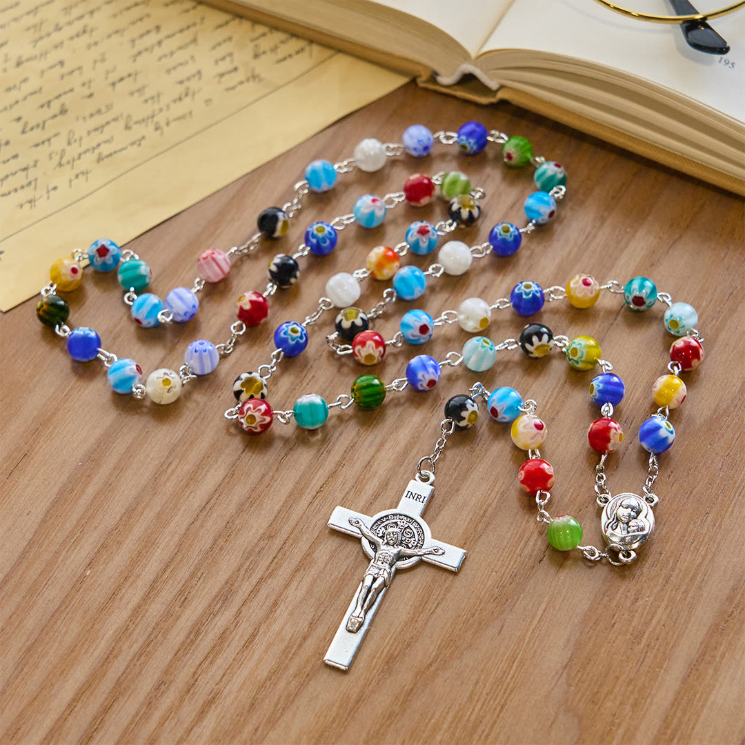 Christianartworkshop Multicolored Vibrant Flower Pattern Murano Beads Rosary with Madonna and Child - image 4