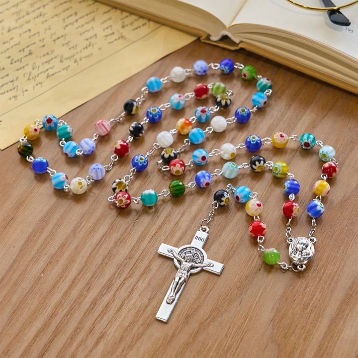 Christianartworkshop Multicolored Vibrant Flower Pattern Murano Beads Rosary with Madonna and Child - image 4