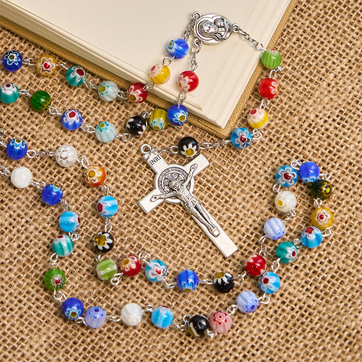 Christianartworkshop Multicolored Vibrant Flower Pattern Murano Beads Rosary with Madonna and Child - image 5