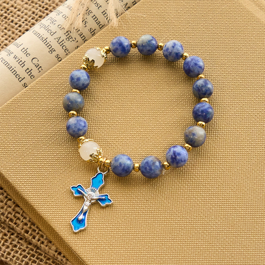 Christianartworkshop Serene Textured Blue Stone Bracelet with Blue Enamel Crucifix - Blue Stone Bracelet - image 0