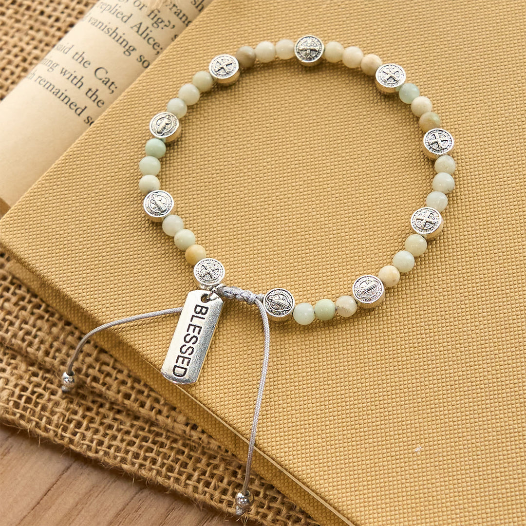 Christianartworkshop Two-color St. Benedict Blessing Anklet with Gentle Natural Stone Beads - Silver - image 1