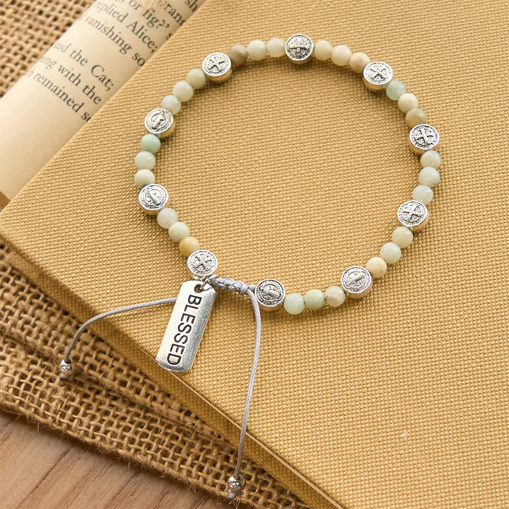 Christianartworkshop Two-color St. Benedict Blessing Anklet with Gentle Natural Stone Beads - Silver - image 1