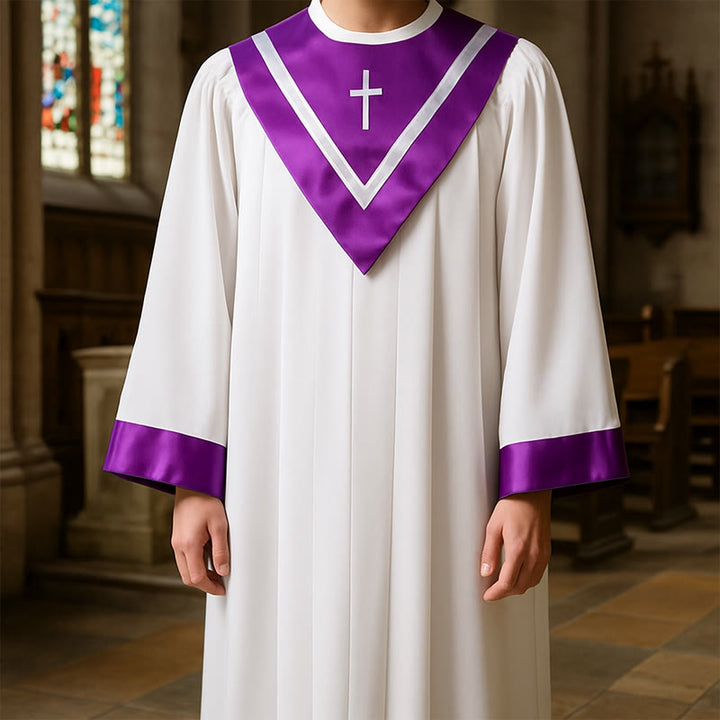 Christianartworkshop Classic White Clergy Robe with Contrast V-Neck & Cross Detailing - Purple - 3XL - image 0