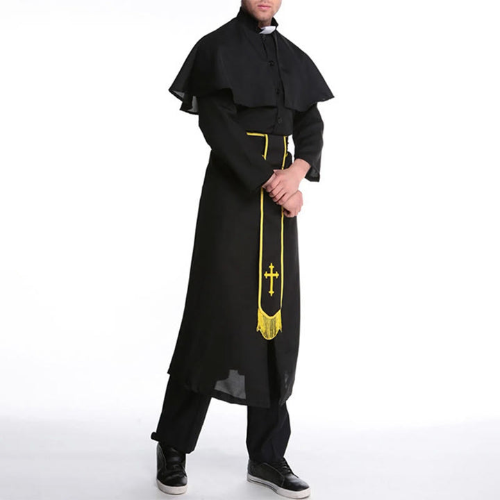 Christianartworkshop Medieval Style Black Clergy Robe with Cross Tassel Belt and Shawl Collar - image 6