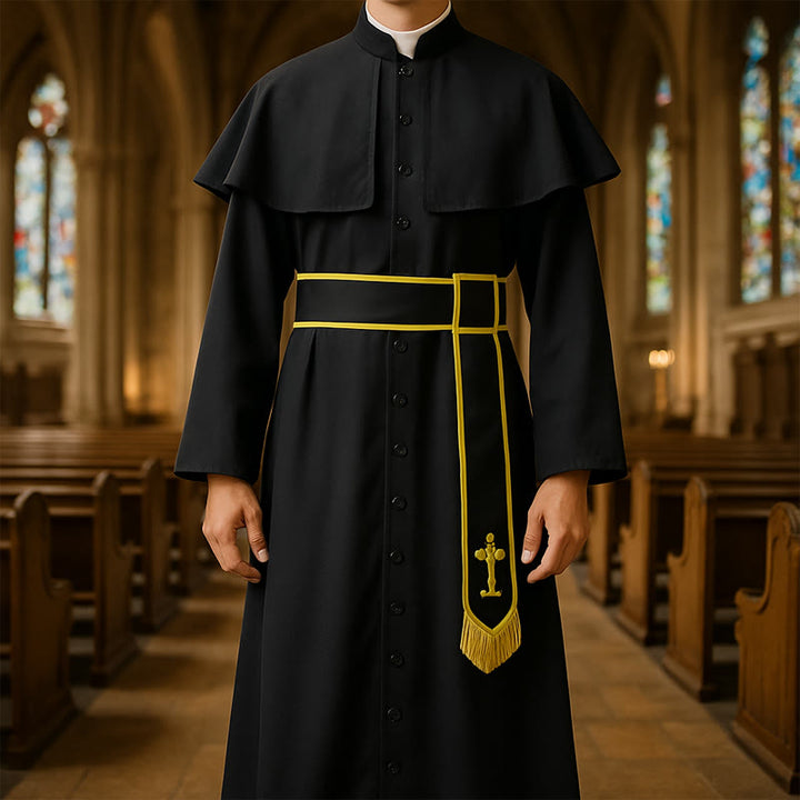 Christianartworkshop Medieval Style Black Clergy Robe with Cross Tassel Belt and Shawl Collar - 2XL - image 0