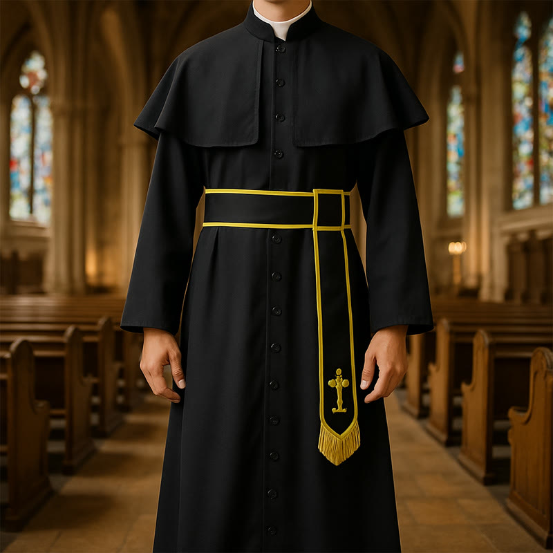 Christianartworkshop Medieval Style Black Cassock Clergy Robe with Cross Tassel Belt and Shawl Collar - image 0