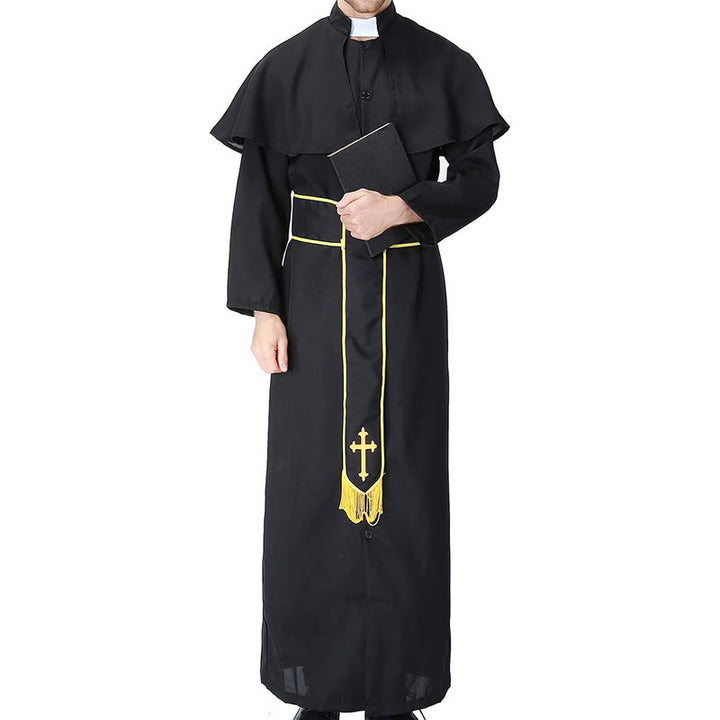 Christianartworkshop Medieval Style Black Clergy Robe with Cross Tassel Belt and Shawl Collar - image 4
