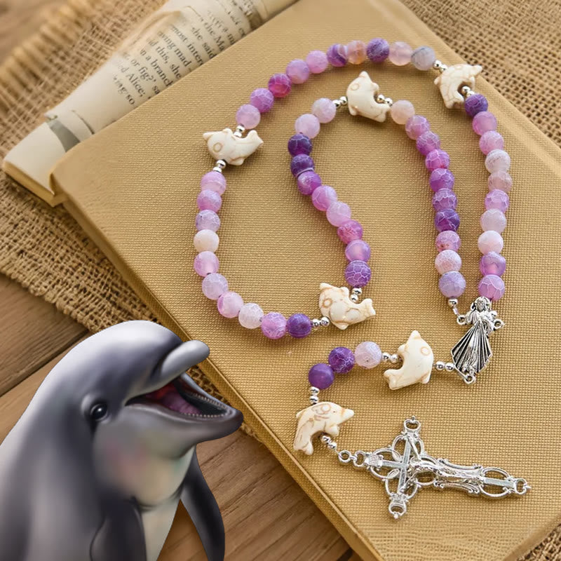 Christianartworkshop Ocean of Faith Purple Weathered Agate and Dolphin Charms Animal Rosary - Dolphin Rosary - image 0