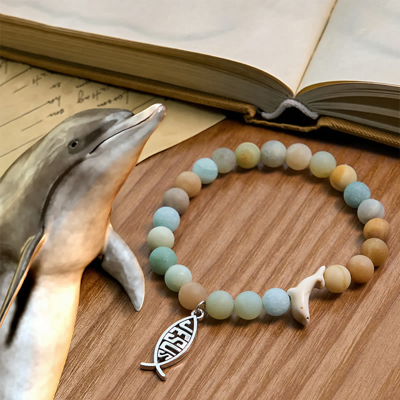 Christianartworkshop Ocean Grace Dolphin Blessing Bracelet with Natural Malachite and Ichthys Charm - Light Green - image 0