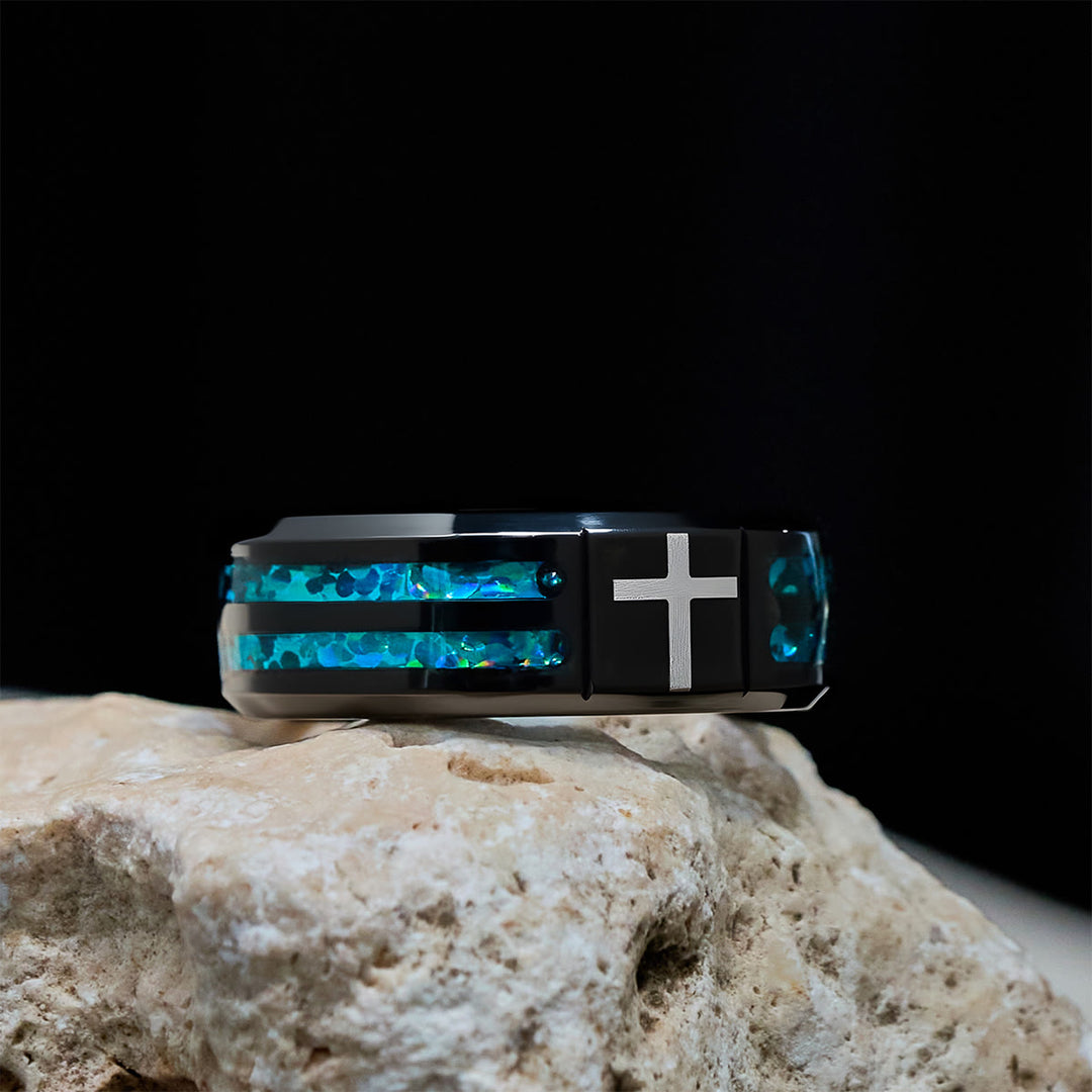 Christianartworkshop Modern Titanium Steel Cross Ring with Laser Blue Inlay: Serenity in Christ's Blue Light - image 1