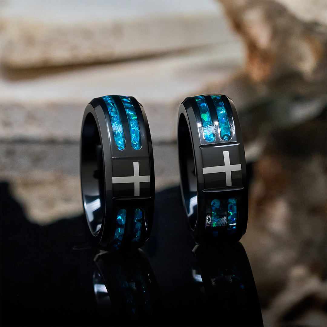 Christianartworkshop Modern Titanium Steel Cross Ring with Laser Blue Inlay: Serenity in Christ's Blue Light - image 4