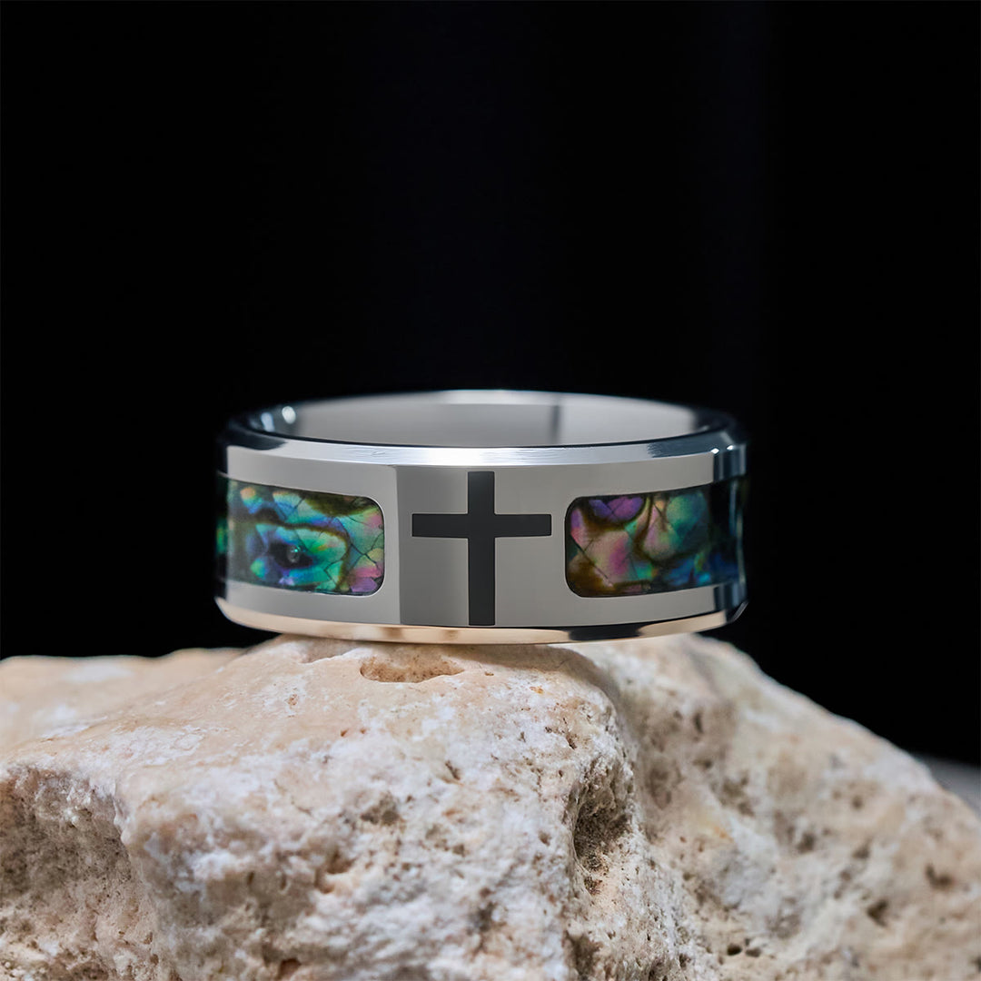 Christianartworkshop Minimalist Titanium Faith Cross Ring with Shimmering Stained Glass Colors Inlay - UK Size Y（US 12） - image 0