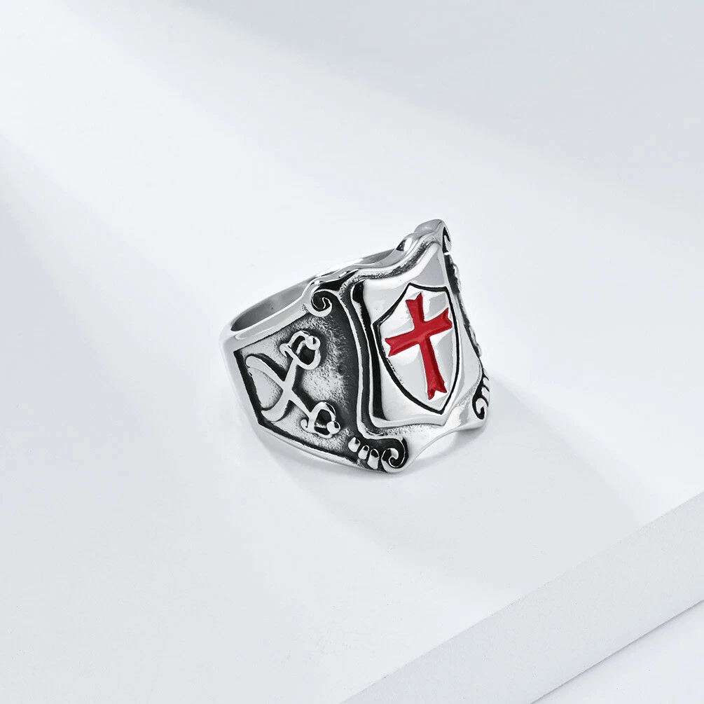 Christianartworkshop Medieval Style Red Cross Shield Ring with Knightly Design and Engraved Details - image 9