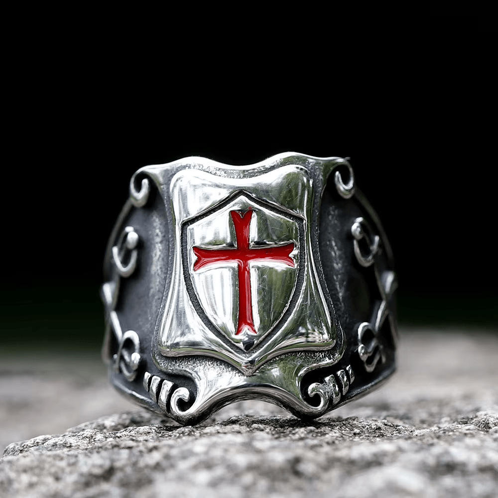 Christianartworkshop Medieval Style Red Cross Shield Ring with Knightly Design and Engraved Details - image 4