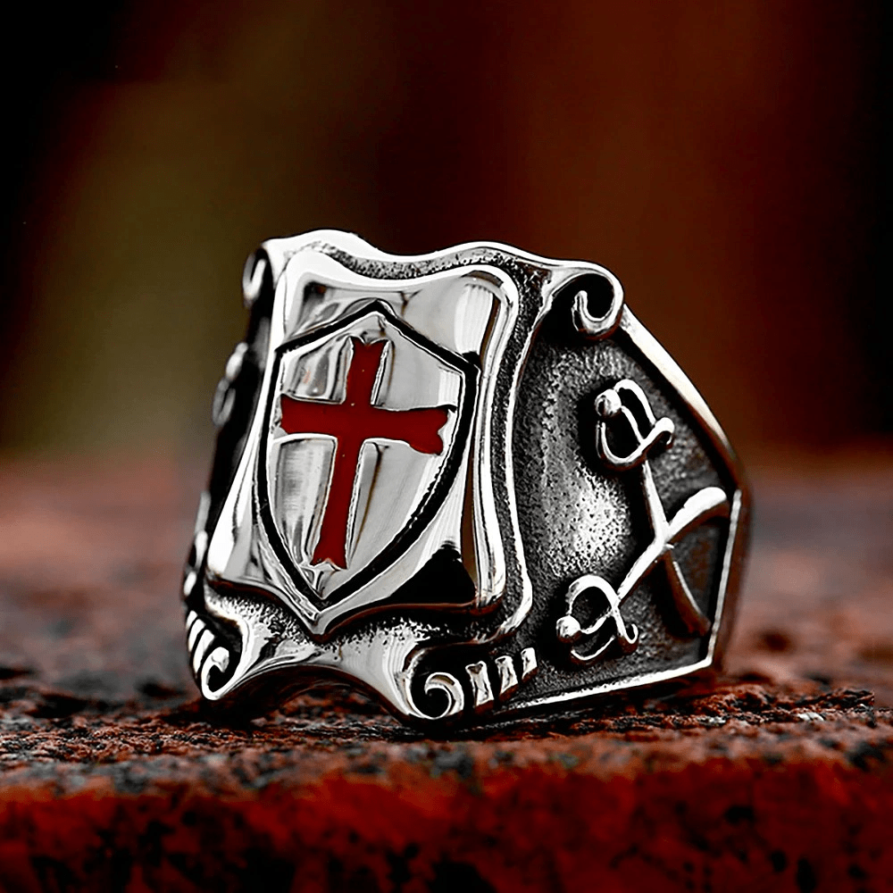 Christianartworkshop Medieval Style Red Cross Shield Ring with Knightly Design and Engraved Details - image 0