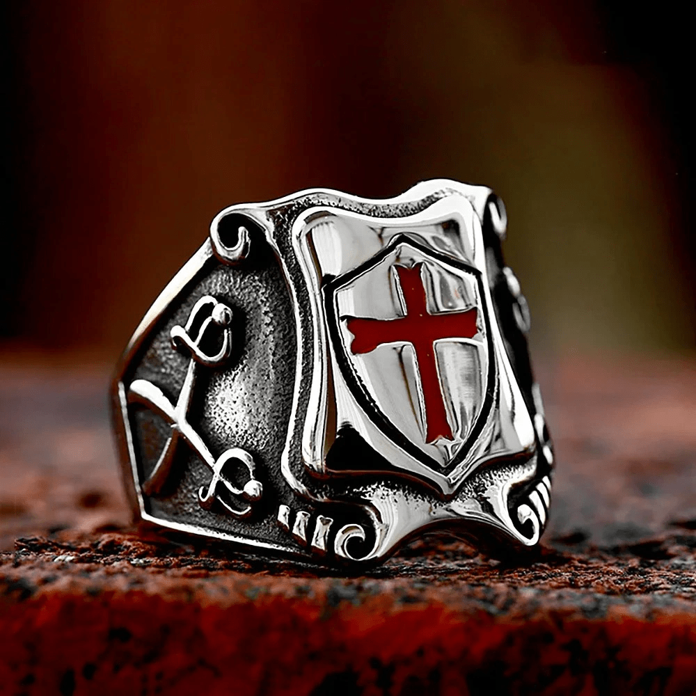 Christianartworkshop Medieval Style Red Cross Shield Ring with Knightly Design and Engraved Details - image 6