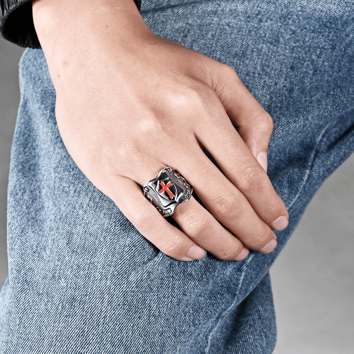 Christianartworkshop Medieval Style Red Cross Shield Ring with Knightly Design and Engraved Details - image 2