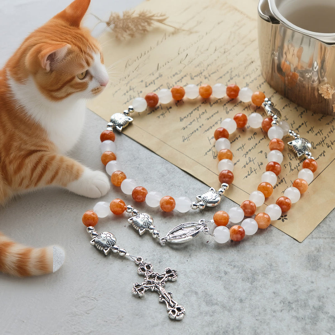 Christianartworkshop Orange & White Quartz with Cat Face Stainless Steel Charms of Orange Tabby Bracelet, Animal Rosary - Orange Tabby Rosary - image 0
