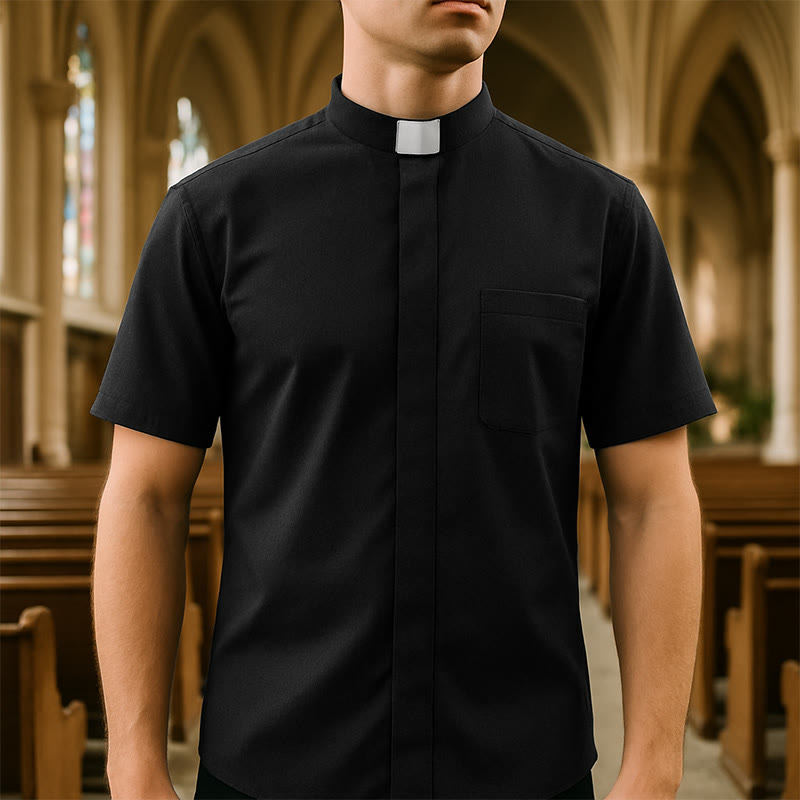 Christianartworkshop Modern Unisex Clergy Shirt with White Tab Collar: Elegant Black Faithwear - Short Sleeve - 5XL - image 0