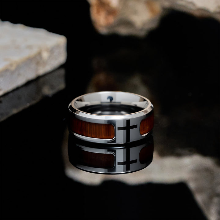Christianartworkshop Modern Sleek Cross Ring with Wooden Detail: Faith Rooted in Nature - image 1