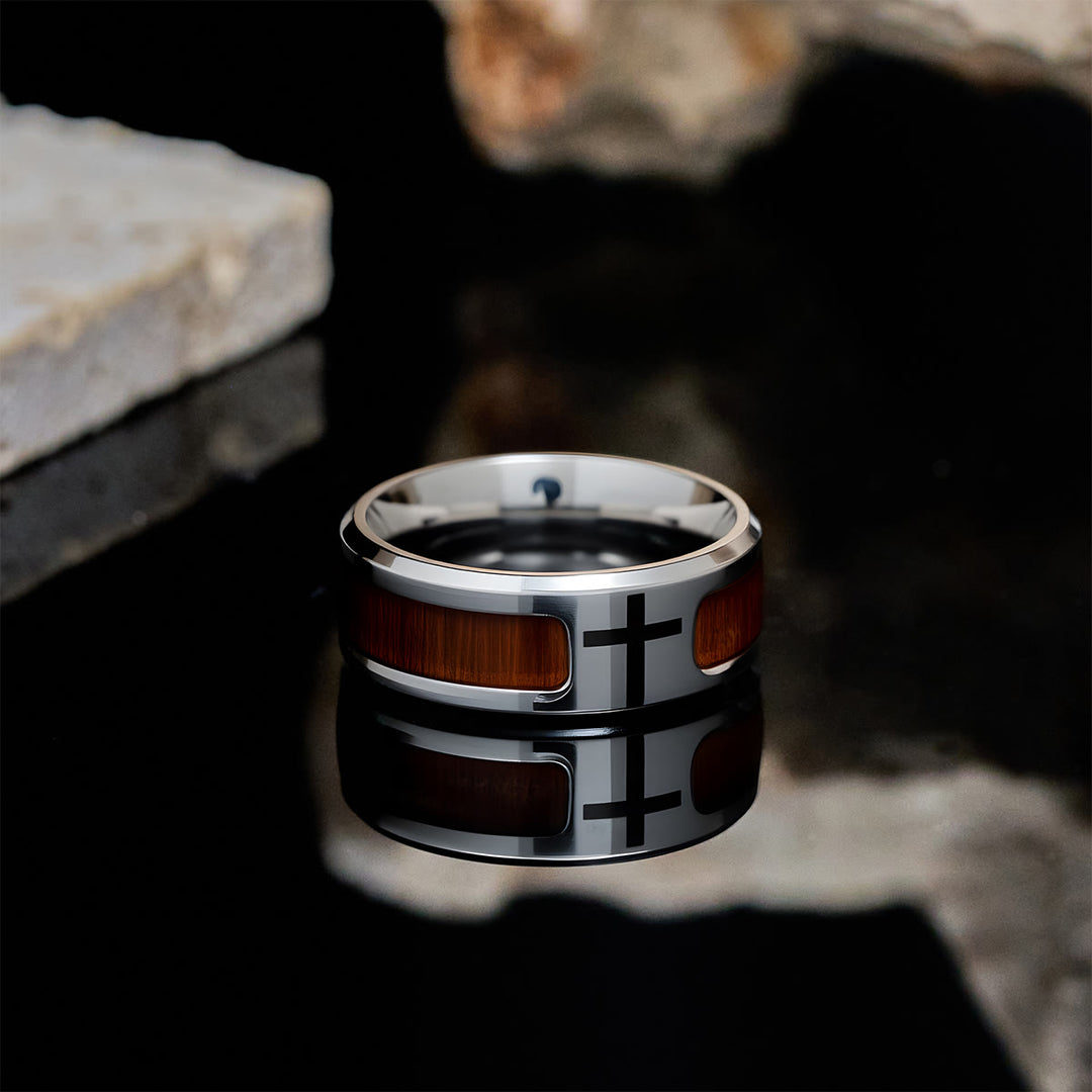 Christianartworkshop Modern Sleek Cross Ring with Wooden Detail: Faith Rooted in Nature - image 1