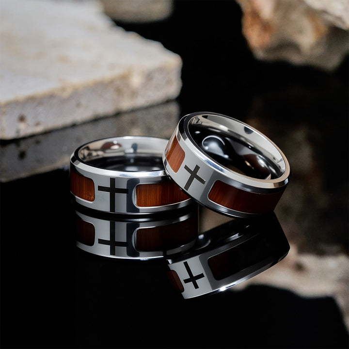 Christianartworkshop Modern Sleek Cross Ring with Wooden Detail: Faith Rooted in Nature - US 12 - image 0