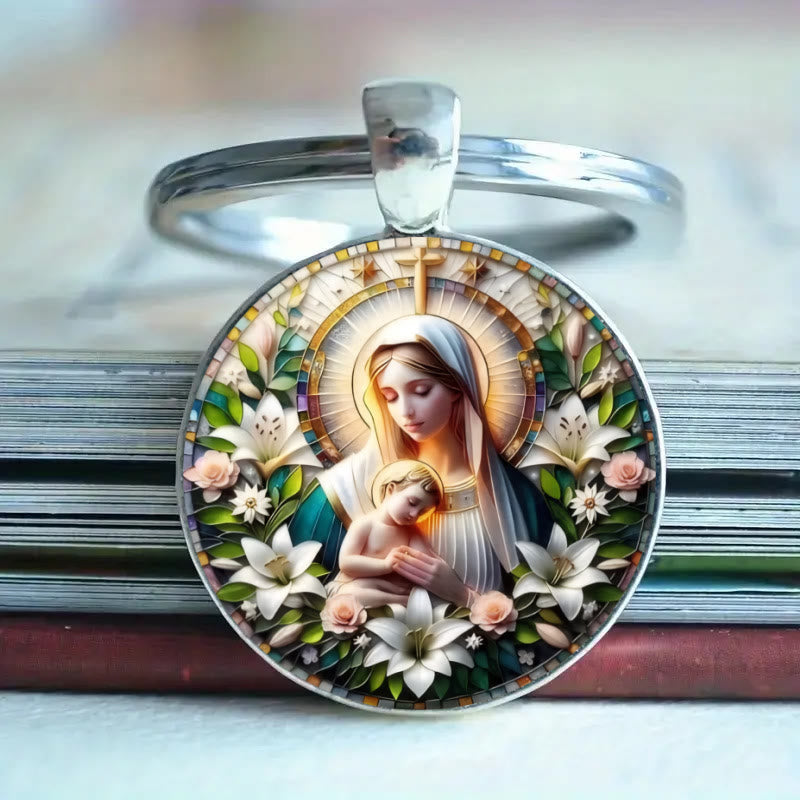 Christianartworkshop Classic Round Glass Keychain Of Divine Ascension: Timeless Symbol Of Faith's Uplifting Power - Mary and Jesus - image 2