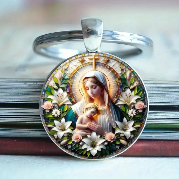 Christianartworkshop Classic Round Glass Keychain Of Divine Ascension: Timeless Symbol Of Faith's Uplifting Power - Mary and Jesus - image 2
