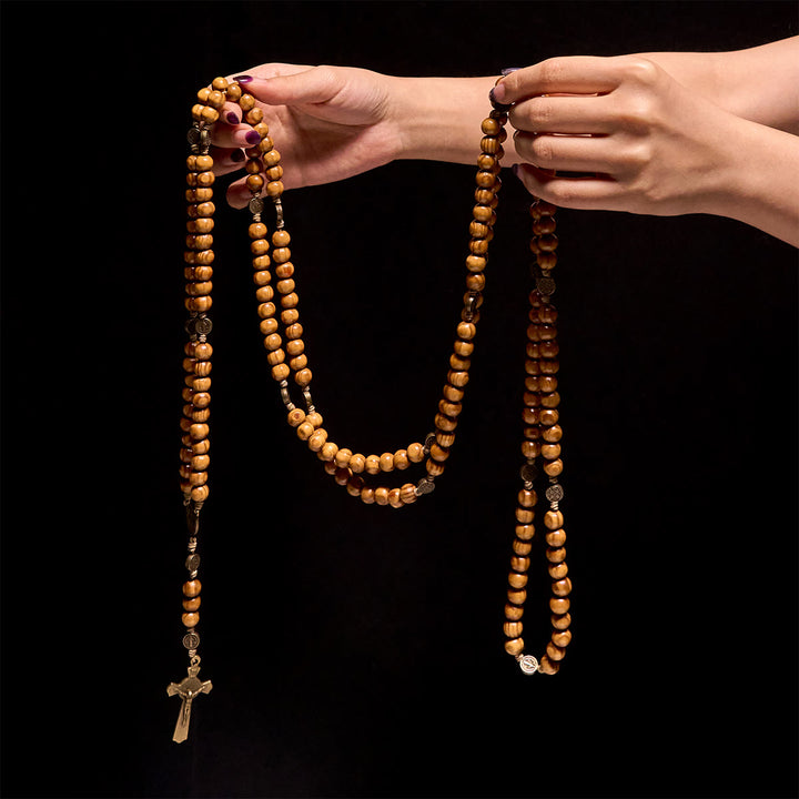 Christianartworkshop 15/20 Decade Olive Wood Rosary with St. Benedict, Crucifix & Waist Chain Design—Divine Devotion in Dual Use - image 21