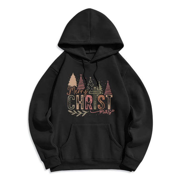 Christianartworkshop Merry Christmas Religious Cross and Tree Design Fleece Lined Polyester Hoodie - Black - 2XL - image 5