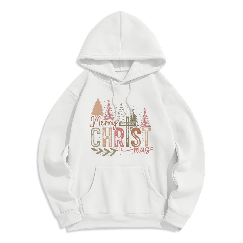 Christianartworkshop Merry Christmas Religious Cross and Tree Design Fleece Lined Polyester Hoodie - White - 2XL - image 0