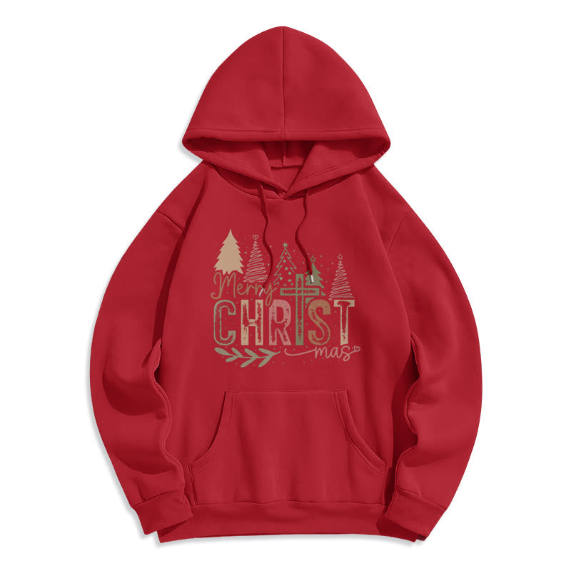 Christianartworkshop Merry Christmas Religious Cross and Tree Design Fleece Lined Polyester Hoodie - Red - 2XL - image 2