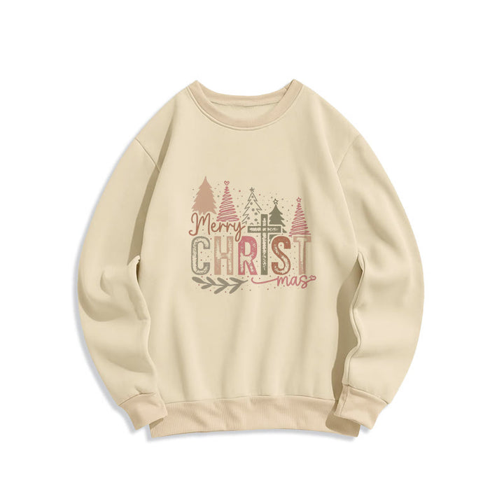 Christianartworkshop Merry Christmas Religious Cross and Tree Design Fleece Lined Polyester Sweatshirt - Beige - 2XL - image 2