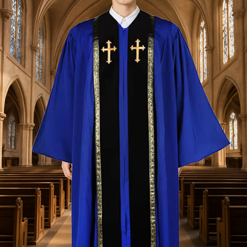Christianartworkshop Traditional Multi-Color Church Clergy Robe with Gold Cross & Decorative - 3XL - Blue - image 1