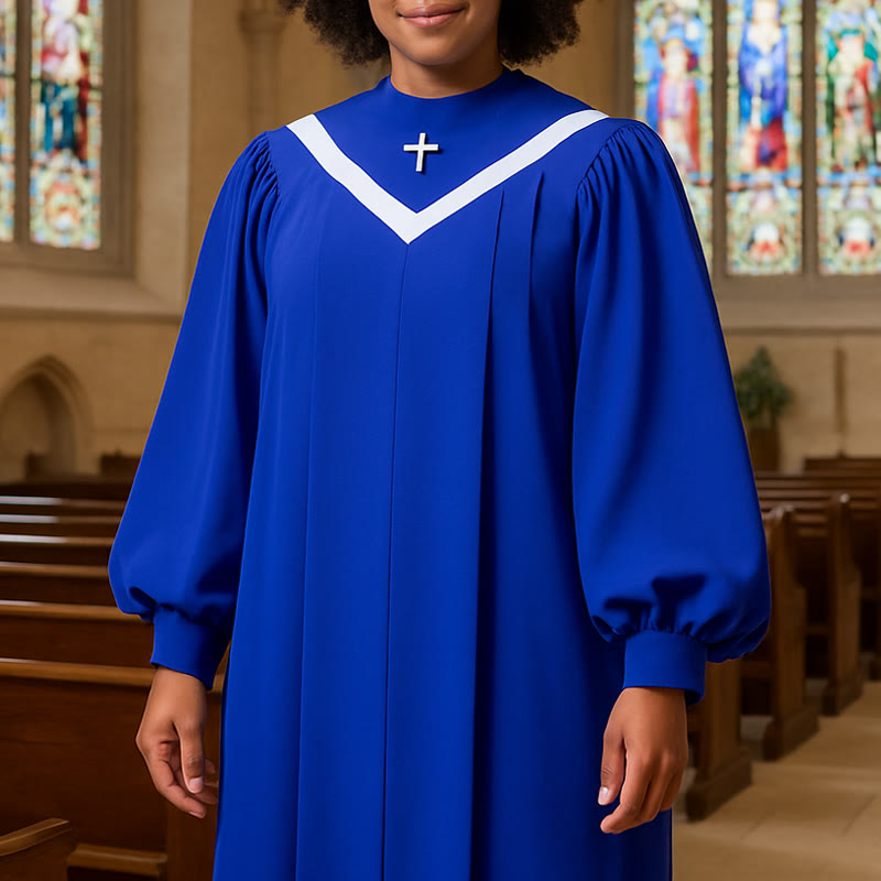 Christianartworkshop Elegant Ceremonial Blue Clergy Robe with White V-Neck Trim & Cross - 3XL - image 0
