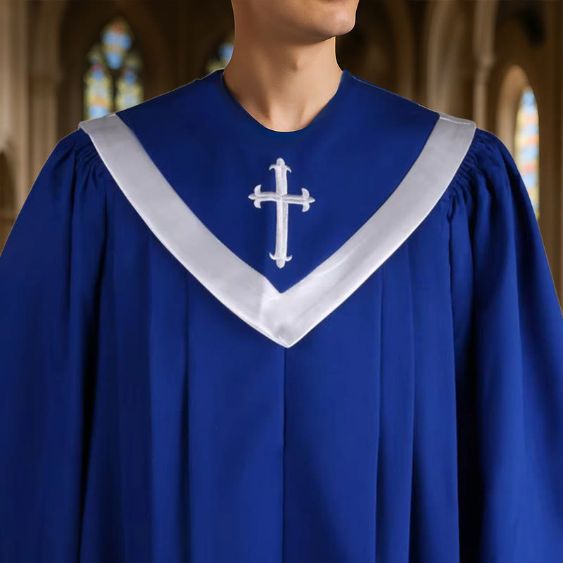 Christianartworkshop Elegant Ceremonial Blue Clergy Robe with White V-Neck Trim & Cross - image 1