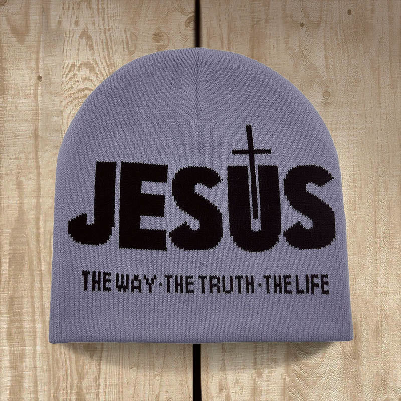 Christianartworkshop JESUS Jacquard Autumn/Winter Outdoor Cycling Knit Hat - Gray and Black - image 3