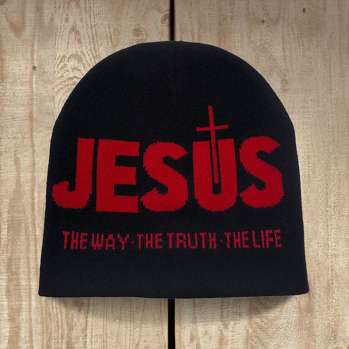 Christianartworkshop JESUS Jacquard Autumn/Winter Outdoor Cycling Knit Hat - Black and Red - image 0