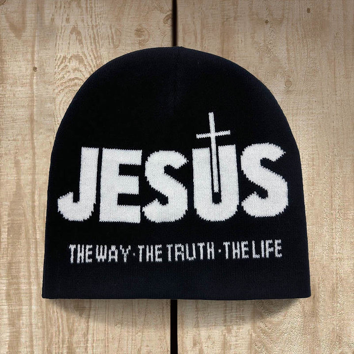 Christianartworkshop JESUS Jacquard Autumn/Winter Outdoor Cycling Knit Hat - Black and White - image 5
